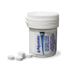 Aquatabs 397mg Water Purification Tablets (100 Pack). Water Filtration System for, Camping, Boating, Emergencies, Survival, RVs, and Marine-Use. Easy to Use Treatment and Disinfection.