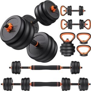 FEIERDUN Adjustable Dumbbells, 20/30/40/45/70/90lbs Free Weight Set with Connector, 5 in1 Dumbbells Set Used as Barbell, Kettlebells, Push up Stand, Weight Plate, Fitness Exercises for Home Gym Suitable Men/Women
