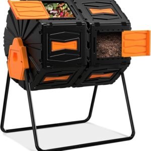 Compost Tumbler, Easy Assemble & Efficient Outdoor Compost Bin, 45 Gallon/170 Liter Large Dual Chamber Rotating Composter for Garden, Kitchen, and Yard Waste, Orange Door