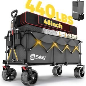 Sekey 48''L Collapsible Foldable Extended Wagon with 440lbs Weight Capacity, Heavy Duty 300L Folding Utility Garden Cart with Big All-Terrain Beach Wheels & Drink Holders. Grey