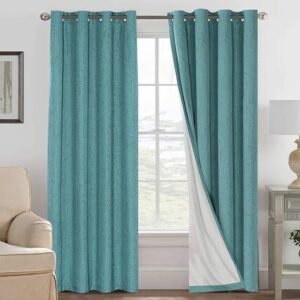 H.VERSAILTEX Linen Blackout Curtains 108 Inches Long 100% Absolutely Blackout Thermal Insulated Textured Linen Look Curtain Draperies Anti-Rust Grommet, Energy Saving with White Liner, 2 Panels, Teal
