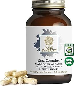 PURE SYNERGY Zinc Complex | Immune Support Supplement | Natural, Vegan Zinc Complex with Vitamin C and Organic Whole Foods | for Immune, Brain, and Skin Health (60 Capsules)
