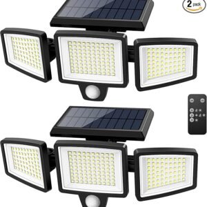 Tuffenough Solar Outdoor Lights 2500LM 210 LED Security Lights with Remote Control,3 Heads Motion Sensor Lights, IP65 Waterproof,270° Wide Angle Flood Wall Lights with 3 Modes(2 Packs)