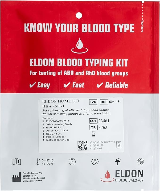 Eldoncard INC Blood Type Test (Complete KIT) - Find Out if You are A, B, O, AB & RH- Results in Minutes - Air Sealed Envelope, Safety Lancet, Micropipette, Cleansing Swab - 1 Pack - Image 2