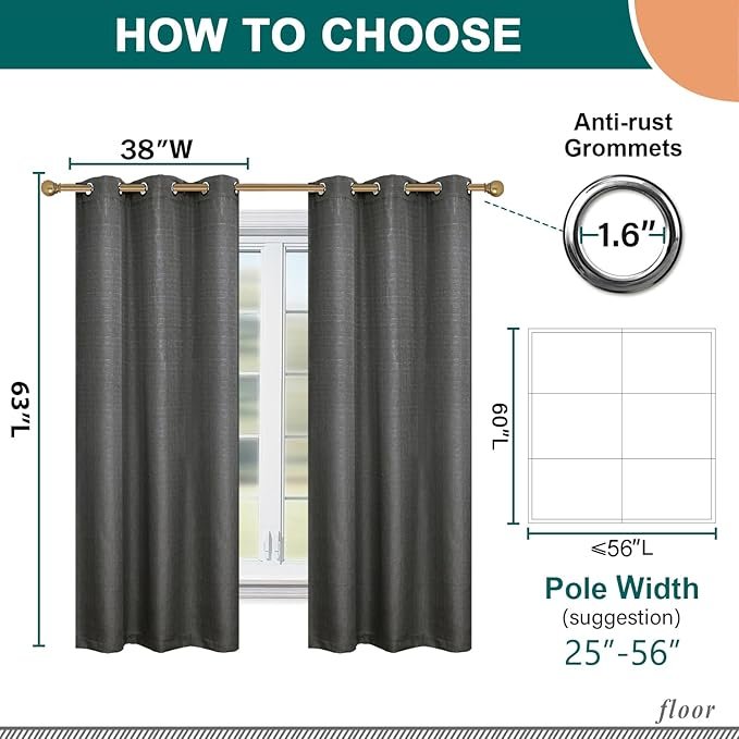Diraysid 100% Blackout Curtains Dark Grey Linen Curtains for Bedroom Grommet Thermal Insulated Room Darkening Drapes (2 Panels, W38 x L63 Inch) - Image 2