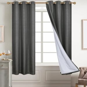 Diraysid 100% Blackout Curtains Dark Grey Linen Curtains for Bedroom Grommet Thermal Insulated Room Darkening Drapes (2 Panels, W38 x L63 Inch)