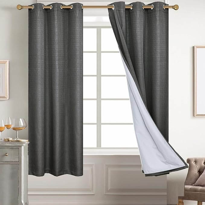 Diraysid 100% Blackout Curtains Dark Grey Linen Curtains for Bedroom Grommet Thermal Insulated Room Darkening Drapes (2 Panels, W38 x L63 Inch)