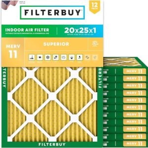 Filterbuy 20x25x1 Air Filter MERV 11 Allergen Defense (12-Pack), Pleated HVAC AC Furnace Air Filters Replacement (Actual Size: 19.50 x 24.50 x 0.75 Inches)