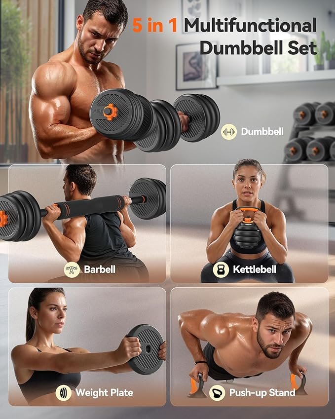 FEIERDUN Adjustable Dumbbells, 20/30/40/45/70/90lbs Free Weight Set with Connector, 5 in1 Dumbbells Set Used as Barbell, Kettlebells, Push up Stand, Weight Plate, Fitness Exercises for Home Gym Suitable Men/Women - Image 2