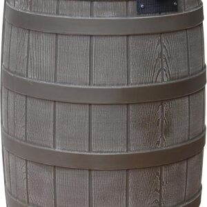 Good Ideas Rain Wizard 50 Gallon Plastic Rain Barrel for Outdoor Rainwater Collection and Storage Features a Metal Spigot and Flat Back Design, Oak