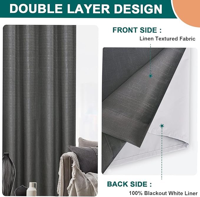 Diraysid 100% Blackout Curtains Dark Grey Linen Curtains for Bedroom Grommet Thermal Insulated Room Darkening Drapes (2 Panels, W38 x L63 Inch) - Image 4